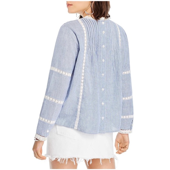 Lini NWT Bloomingdale's Alice Lace Inset Pin Striped Back Button Blouse Blue New - Picture 10 of 10